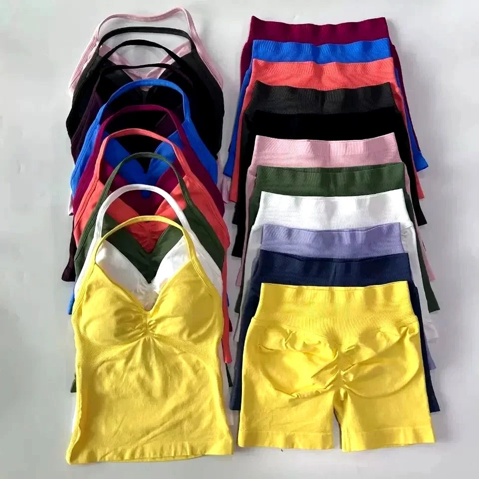 Women Halter Neck Sports Bra Shorts Set For Yoga Fitness