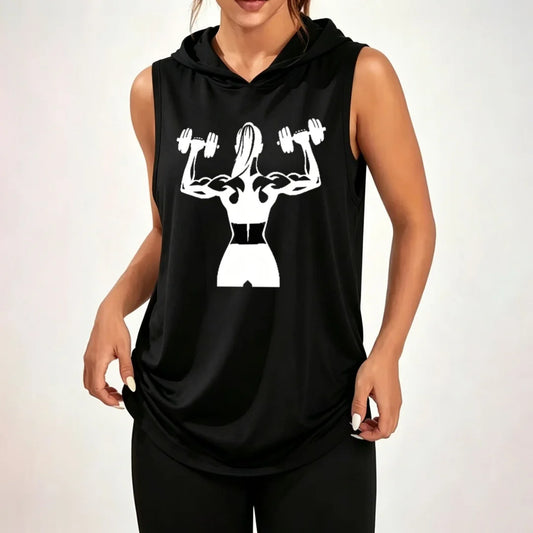 Women's Sleeveless Hooded Tank Top With Dumbbell Graphic Polyester