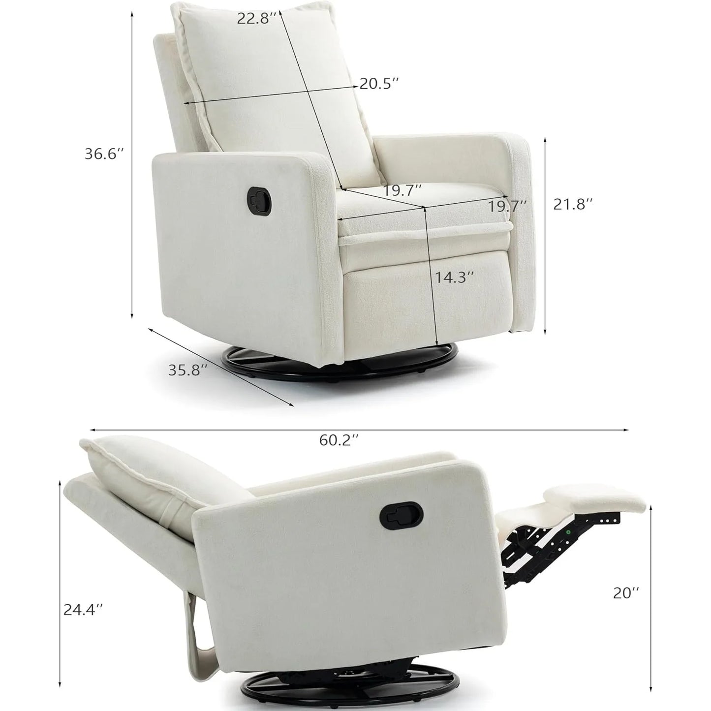 360 Degree Swivel Rocking Glider Chair Manual Recliner High Backrest Comfy Modern Armchair for Nursery Living Room White